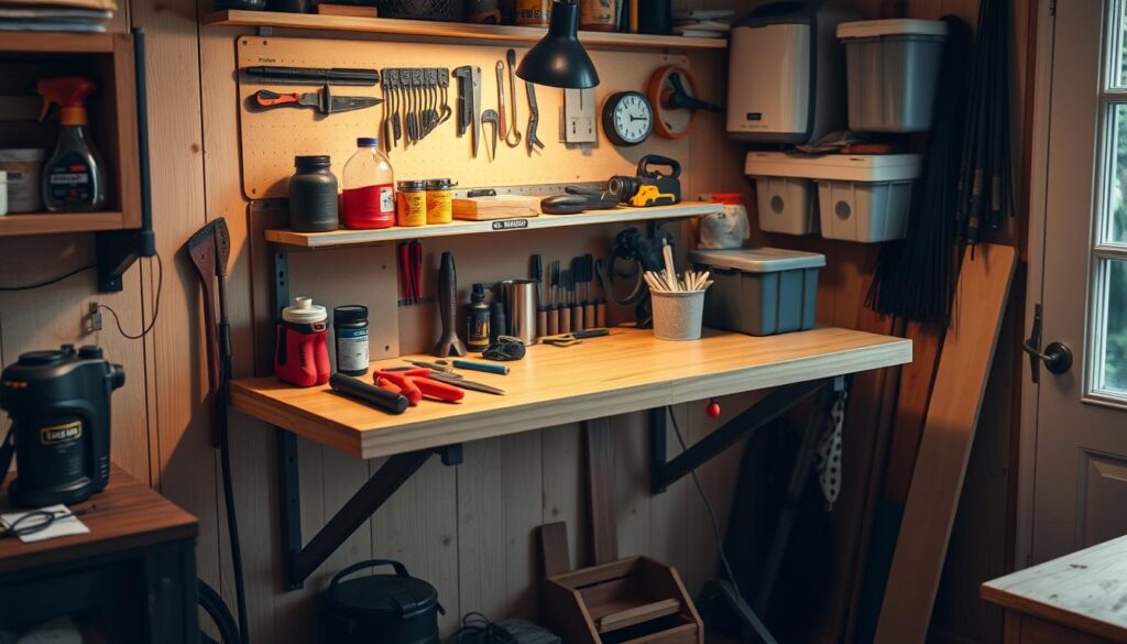 Create an image of a wall-mounted folding workbench in a small workshop.