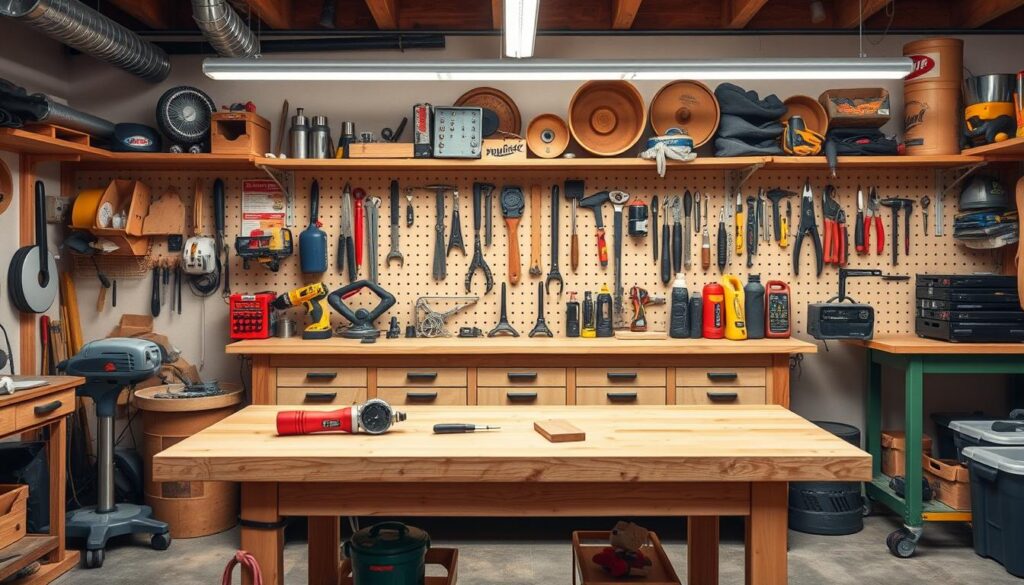 Create an image of a well-organised workshop with a budget-friendly workbench
