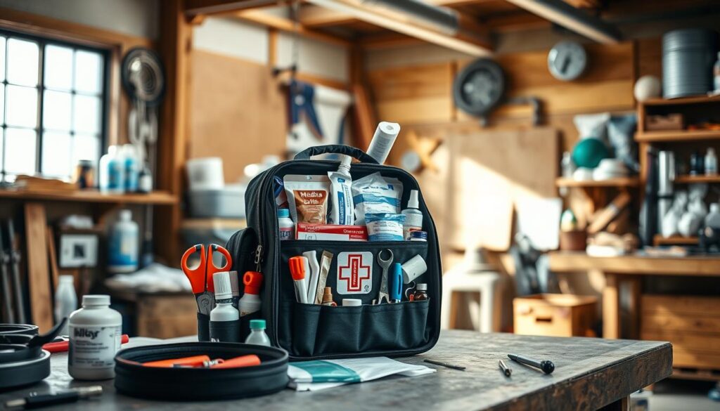 Create an image of a well-stocked first aid kit in a workshop setting.