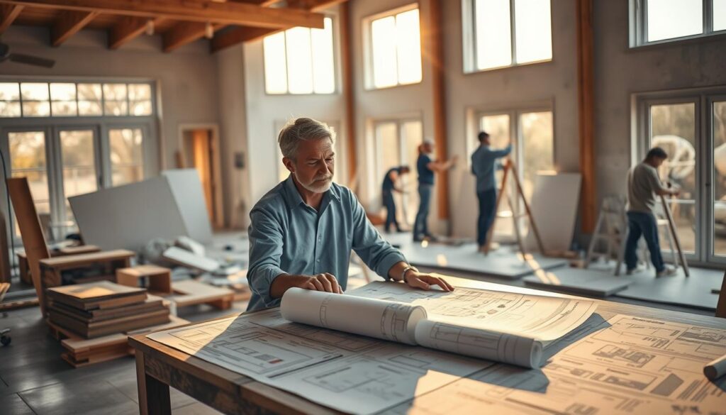Detailed architectural drawing of an ongoing home renovation project, featuring a client and construction workers discussing plans on a table in the foreground. Warm, natural lighting filters through large windows, illuminating the scene. In the background, workers are actively engaged in various tasks, from installing drywall to painting walls. The overall atmosphere conveys a sense of progress, collaboration, and careful consideration of changes to the original design.