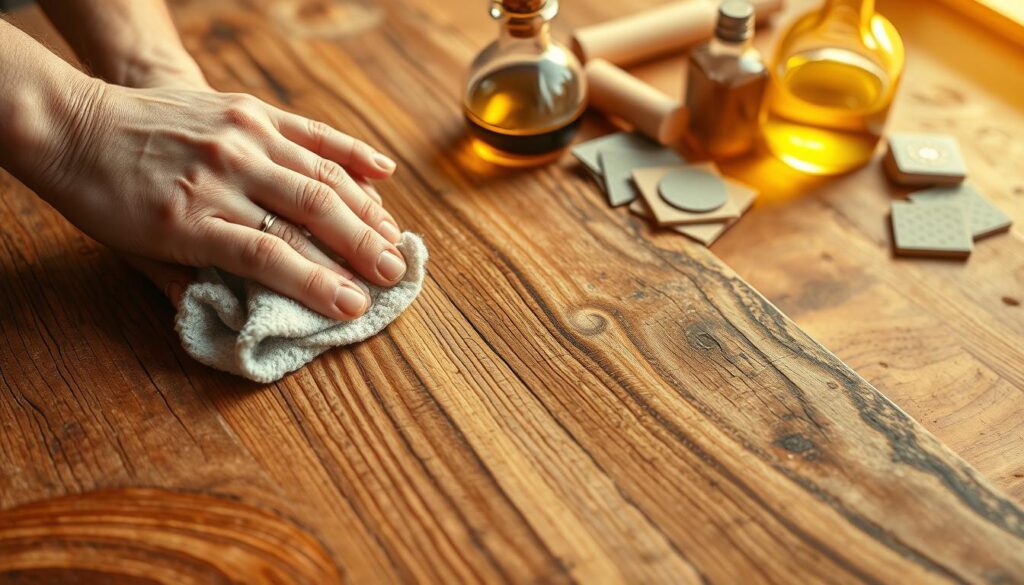 Detailed close-up of a faded, weathered wooden surface being rejuvenated with a high-quality wood finishing oil. The foreground shows hands carefully applying the oil with a soft cloth, rubbing it into the wood grain. The middle ground reveals the transformation from dull, lifeless wood to a rich, glossy finish. The background features an artfully arranged still life of wood finishing tools and supplies, including a glass bottle of oil, steel wool pads, and sandpaper. Warm, natural lighting casts a golden glow, highlighting the renewed luster and depth of the revitalized wood texture.