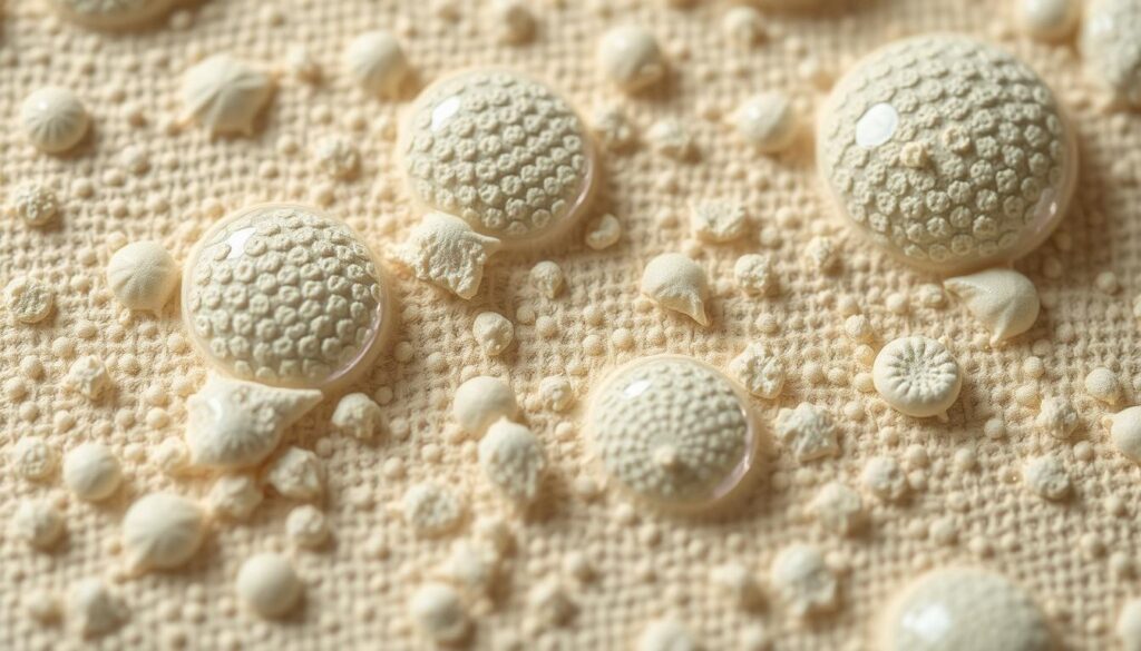 Detailed close-up of wallpaper bubbles on a textured surface, capturing the intricate patterns and varied shapes of the air pockets. Soft, diffused lighting illuminates the dimensional quality of the bubbles, creating a sense of depth and dimension. The wallpaper has a muted, vintage color palette, evoking a sense of age and character. The overall composition focuses on the bubbles, filling the frame and highlighting their organic, almost sculptural qualities. Subtle shifts in focus draw the eye to the delicate edges and contours of the individual bubbles, emphasizing their fragile, ephemeral nature.