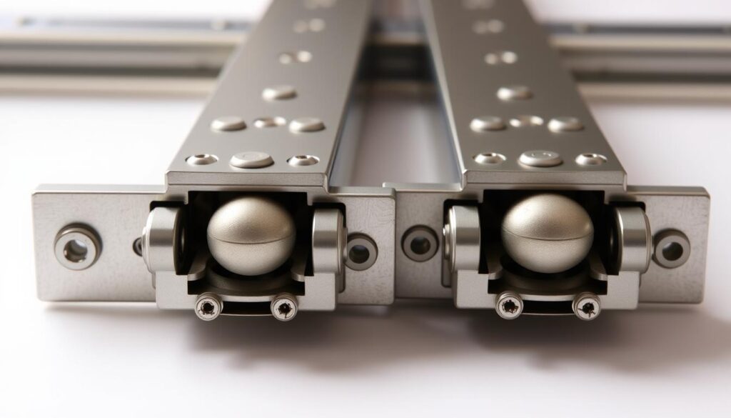 Detailed close-up view of a set of metal drawer slides, showcasing their intricate construction and smooth sliding mechanism. The slides are positioned against a clean, well-lit background, allowing the viewer to clearly see the ball bearings, telescoping rails, and locking mechanisms that enable the smooth operation of the drawers. The lighting is soft and diffused, emphasizing the metallic finish and the precision engineering of the components. The camera angle is slightly elevated, providing an insightful perspective on the inner workings of the drawer slides, as if the viewer is examining them up close. This image aims to convey the technical aspects of drawer slides in a visually appealing and informative manner.