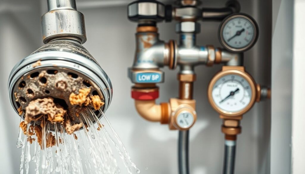 Detailed interior view of a bathroom plumbing system, showcasing the common causes of low water pressure in a shower. The foreground features a damaged or clogged showerhead, with mineral buildup and debris visible. The middle ground depicts a partially obstructed pipe, with scale and corrosion buildup. The background reveals a water pressure regulator valve, with a gauge indicating low pressure. The lighting is bright and evenly distributed, highlighting the technical aspects of the plumbing components. The overall scene conveys a sense of problem-solving, with the viewer encouraged to identify and address the root causes of the low water pressure issue.
