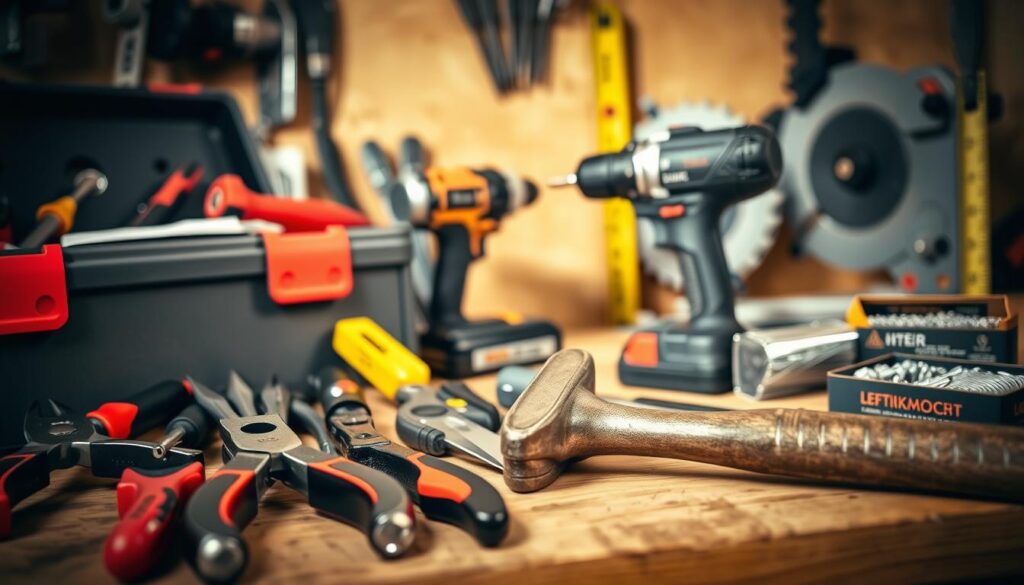 Detailed still life of essential repair tools for UK homes, arranged on a wooden workbench. In the foreground, a toolbox, pliers, screwdrivers, and a hammer in focus. In the middle ground, a cordless power drill, a utility knife, and a tape measure. In the background, a miter saw, a level, and a box of nails. Warm, natural lighting illuminates the scene, creating shadows and highlights that accentuate the textures of the tools. The composition is balanced and visually appealing, emphasizing the practical and functional nature of these everyday household repair essentials.