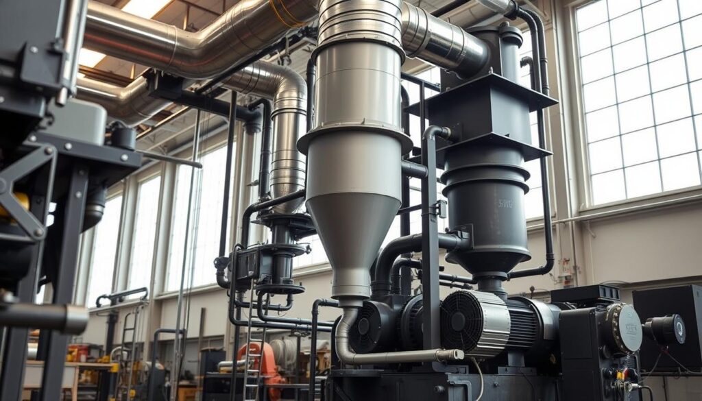 Detailed, technologically precise industrial installation of a robust dust collection system. The foreground depicts the assembly process, with intricate metalwork, sturdy ducting, and efficient machinery. The middle ground showcases the system's core components - cyclone separator, filters, and powerful blower unit - all precisely arranged for optimal performance. The background features a clean, well-lit workshop setting, with high ceilings and ample natural lighting filtering in through large windows. The overall mood conveys a sense of meticulous engineering, purposeful functionality, and a commitment to a safe, productive work environment.