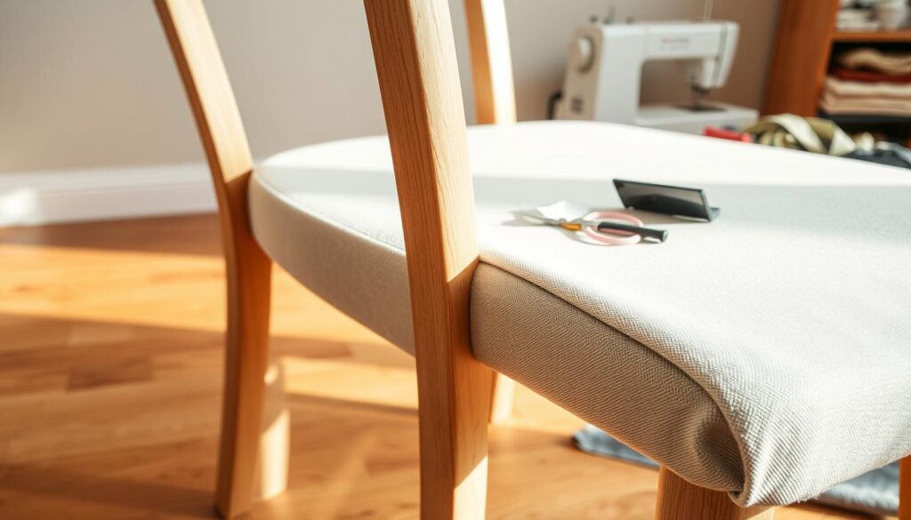Detailed view of a modern, well-lit dining chair, with its corners and edges being reupholstered. The chair is placed on a wooden floor, with a neutral-colored wall in the background. The foreground showcases the intricate process of carefully wrapping and tucking the new fabric around the chair's corners, highlighting the craftsmanship and attention to detail required. The middle ground features the tools and materials used, such as a sewing machine, scissors, and various fabric samples. The lighting is soft and natural, creating a warm, inviting atmosphere that emphasizes the tactile nature of the reupholstering task.