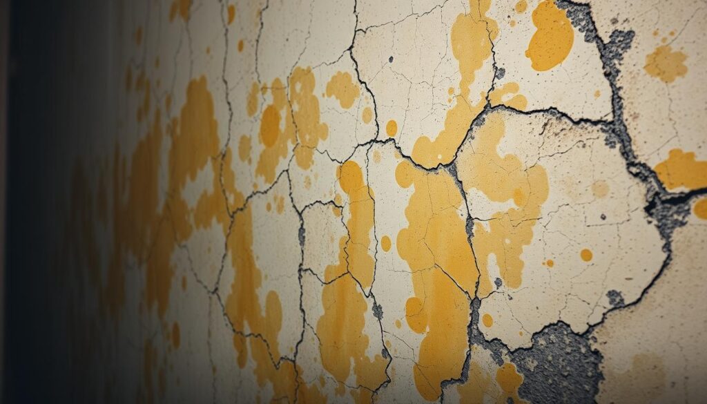 Detailed water stains on a cracked, discolored wall in a dim, moody interior. Streaks and splotches of dark, yellowed discoloration from moisture intrusion, with eroded plaster and peeling paint. The lighting is soft and muted, creating a somber, atmospheric tone. Capture the texture and imperfections of the wall surface, with a slight vignette to draw the eye to the center. Shoot at a medium angle to showcase the depth and dimension of the damaged area. The overall scene should convey the unwelcome presence of water damage and the need for effective remediation.