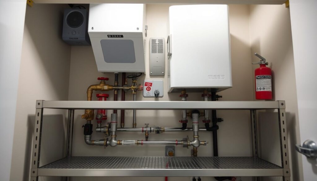 Detailed, well-lit boiler cupboard setup. Sturdy metal shelving unit in the foreground, housing various pipes, valves, and a wall-mounted boiler. Middle ground features an inspection hatch, emergency shut-off switch, and fire extinguisher mounted on the wall. Background shows the cupboard's interior, with ample space around the equipment for maintenance access. Soft, even lighting illuminates the scene, conveying a sense of order and safety. The overall composition emphasizes the importance of a properly configured and accessible boiler cupboard setup.