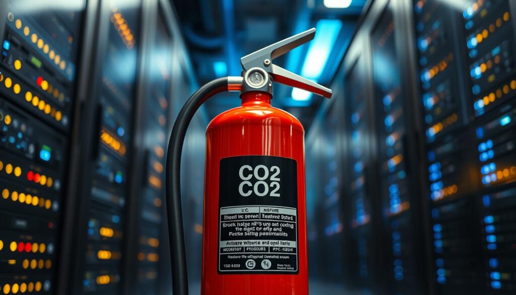 Generate an image of a CO2 fire extinguisher with a black label in a server room.
