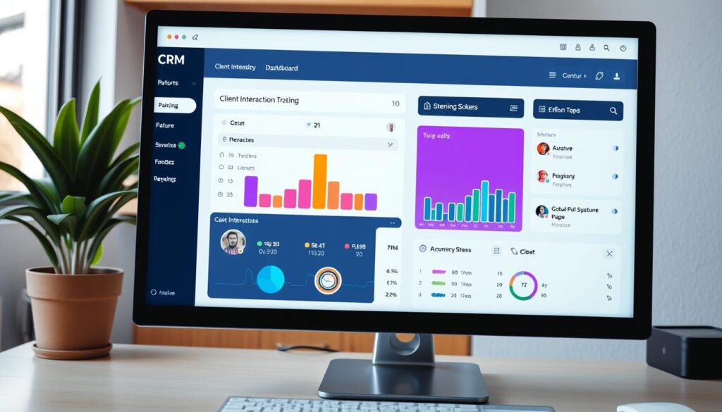 Generate an image of a CRM software dashboard on a computer screen, highlighting client interaction tracking features.