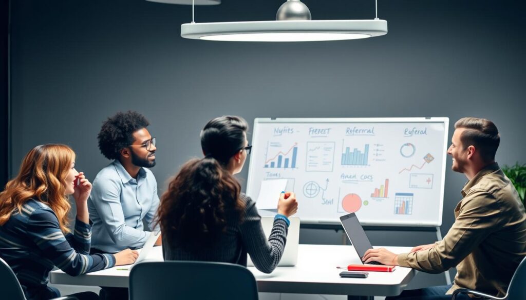 Generate an image of a business team discussing a referral programme strategy