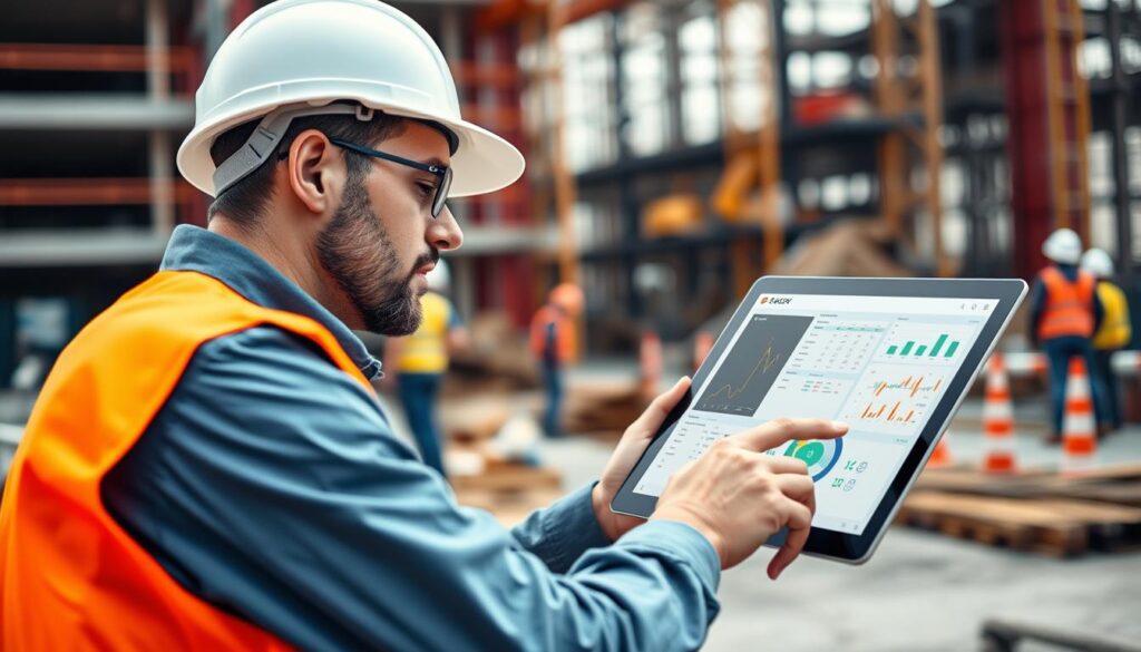 Generate an image of a construction project manager using a tablet with project management software interface on the screen.