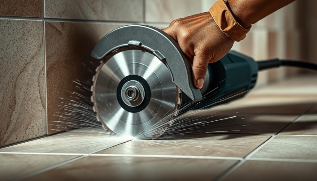 Generate an image of a diamond-wheel tile cutter in operation.