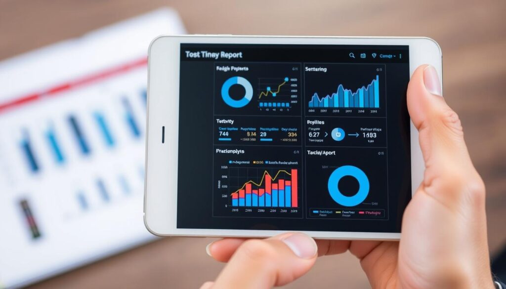 Generate an image of a digital report being shared on a mobile device, with graphs and charts illustrating project progress.