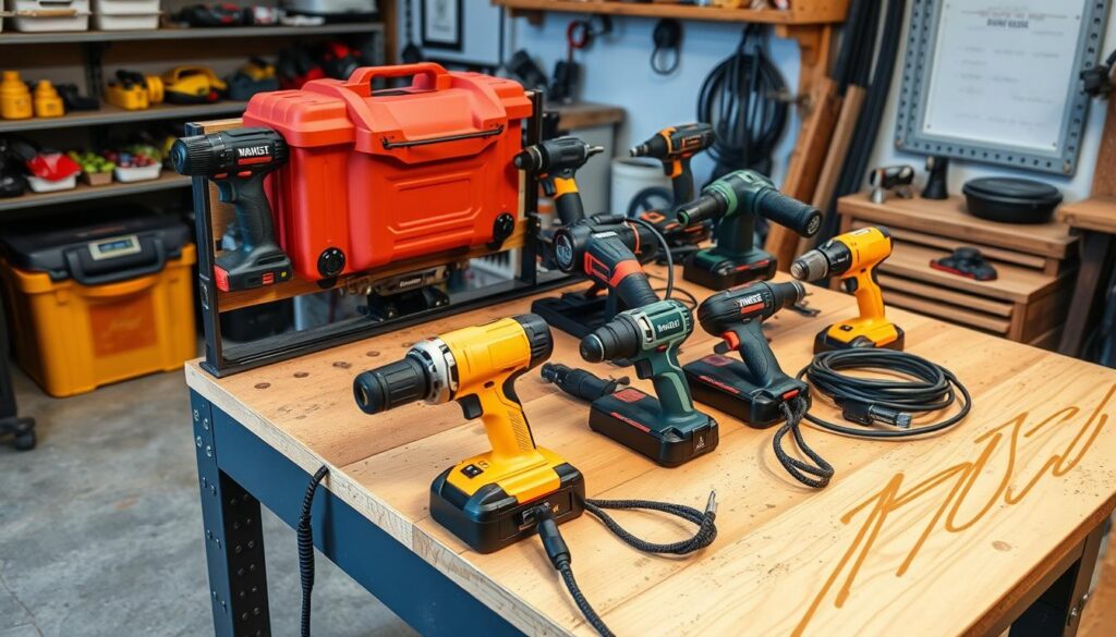 Generate an image of a flip-top workbench with various power tools mounted on it.