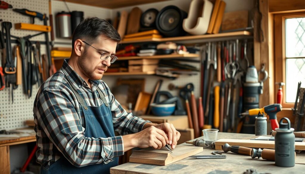 Generate an image of a handyman in a workshop with various tools and materials.