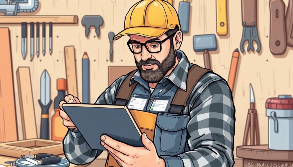 Generate an image of a handyman using a tablet with estimating software on the screen.