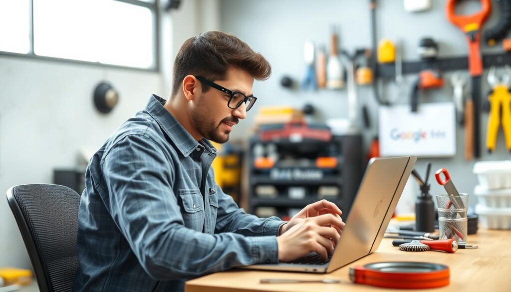 Generate an image of a local repair service business using Google Ads on a laptop.