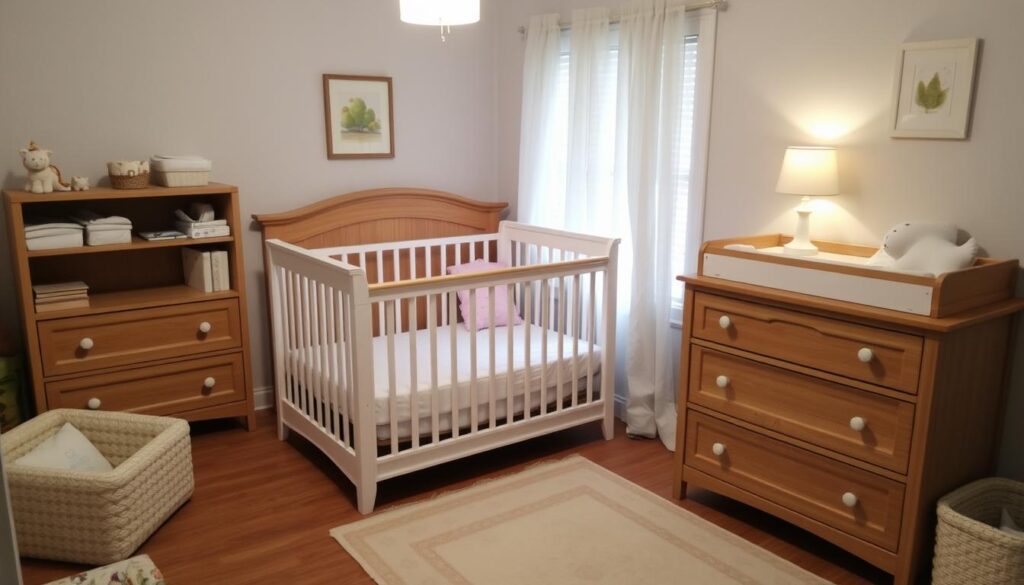 Generate an image of a nursery with a cot, changing table, and secured furniture.