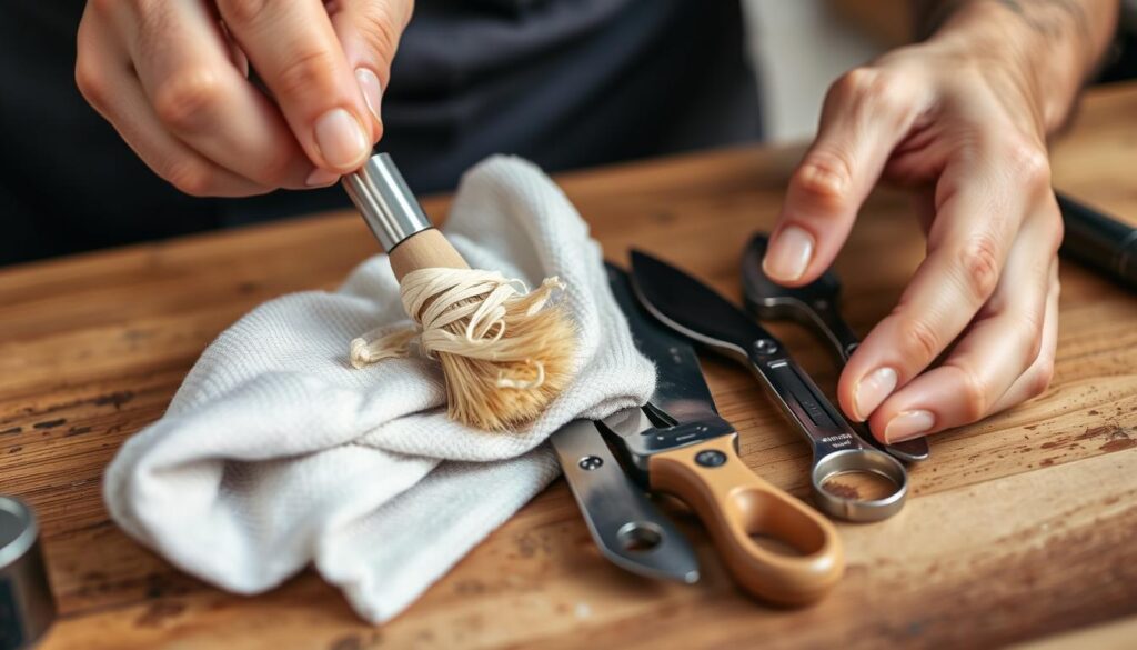 Generate an image of a person cleaning tools with a brush and drying them with a cloth.