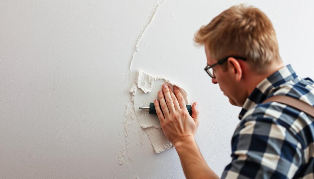 Generate an image of a person repairing a textured drywall surface