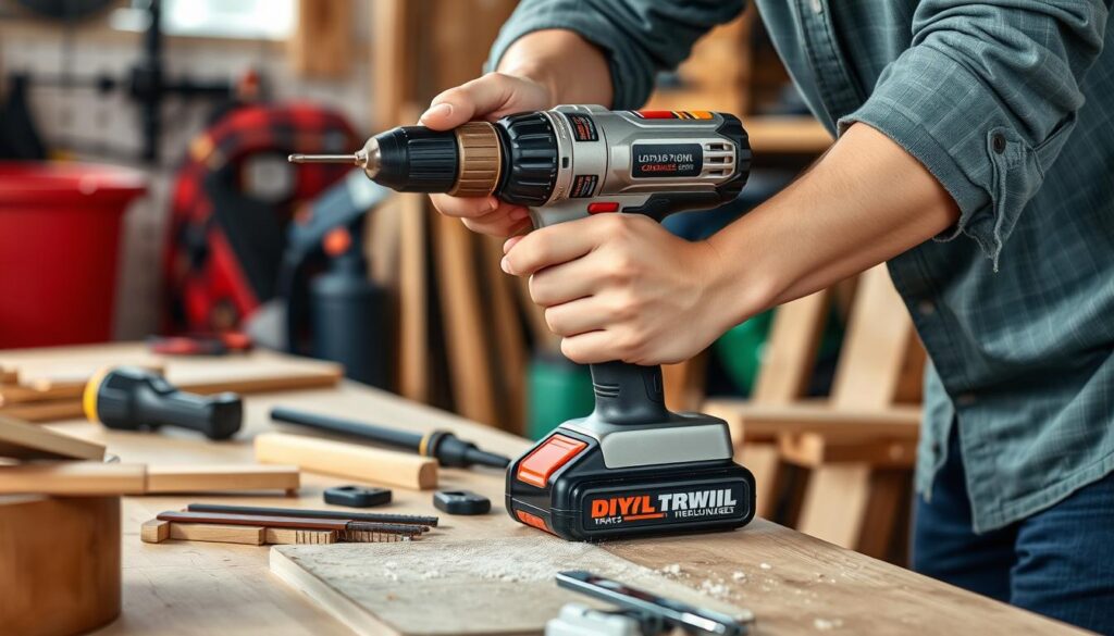 Generate an image of a person using a cordless drill for a home DIY project.