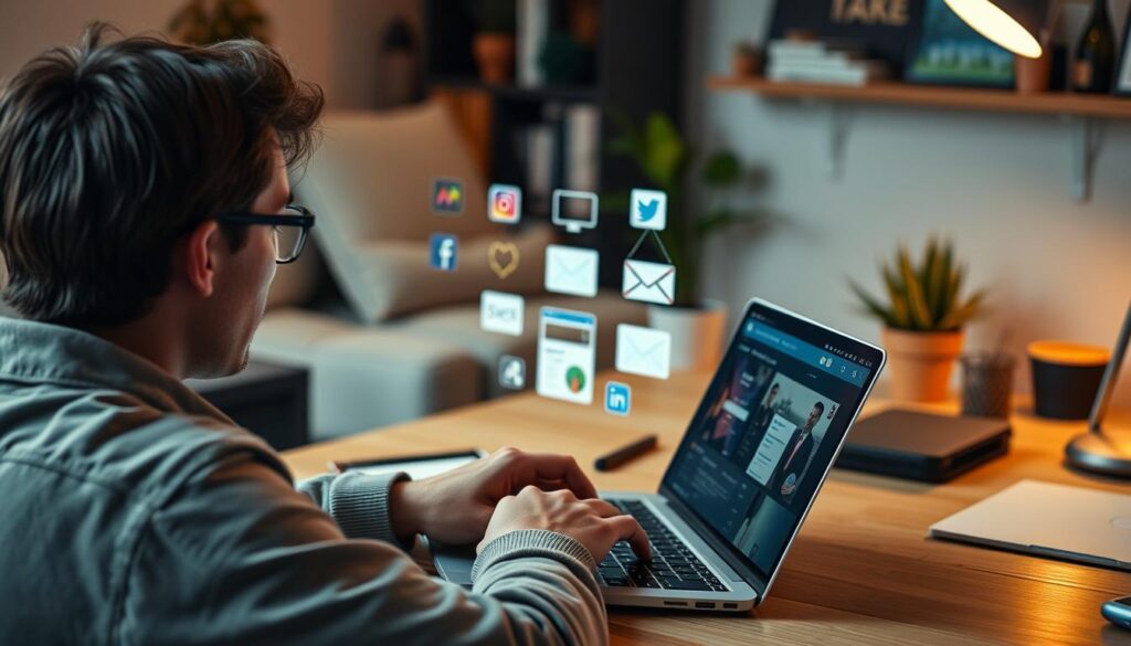 Generate an image of a person using a laptop with various digital channels (social media, email, etc.) open on the screen.
