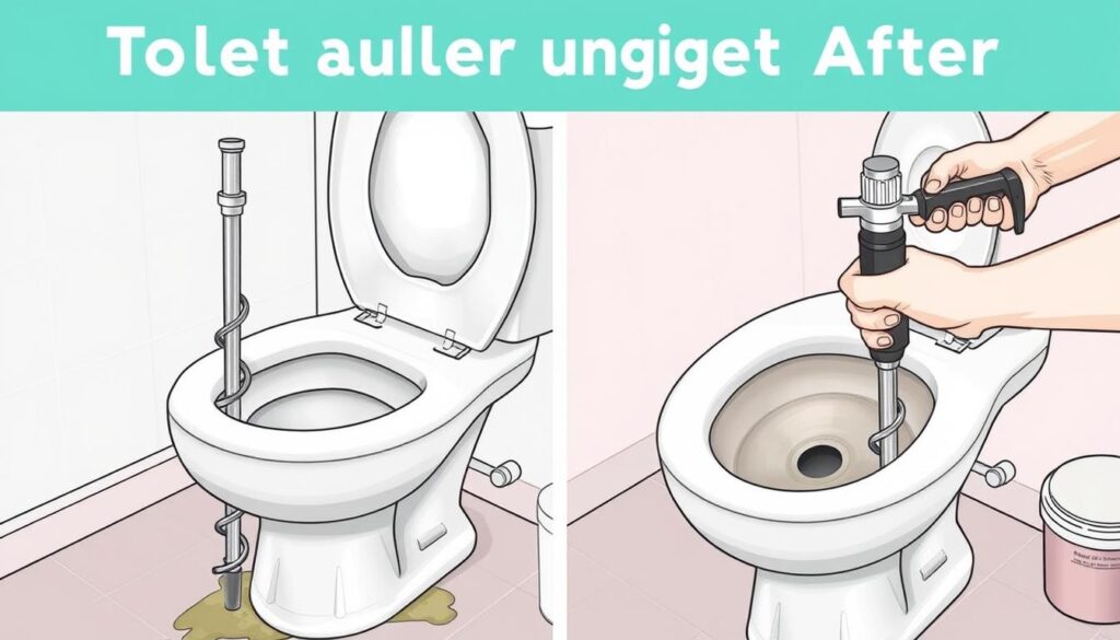 Generate an image of a toilet auger being used to clear a clogged toilet.