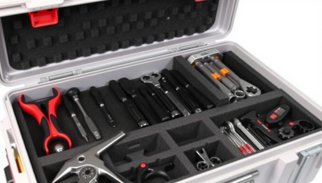 Generate an image of a toolbox with foam inserts and dividers, organised with various tools.