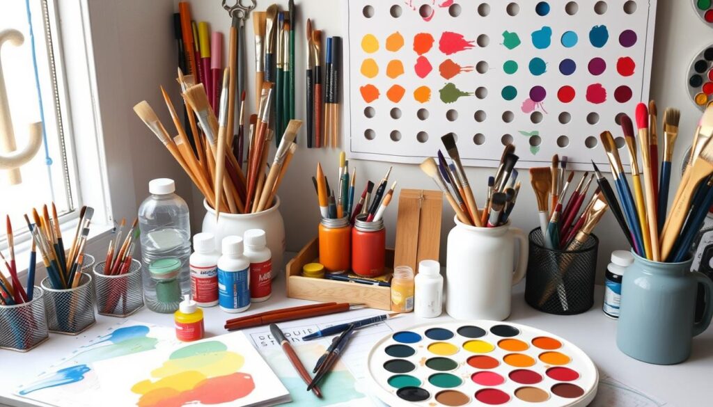 Generate an image of a well-organised painting station with various decorating tools.