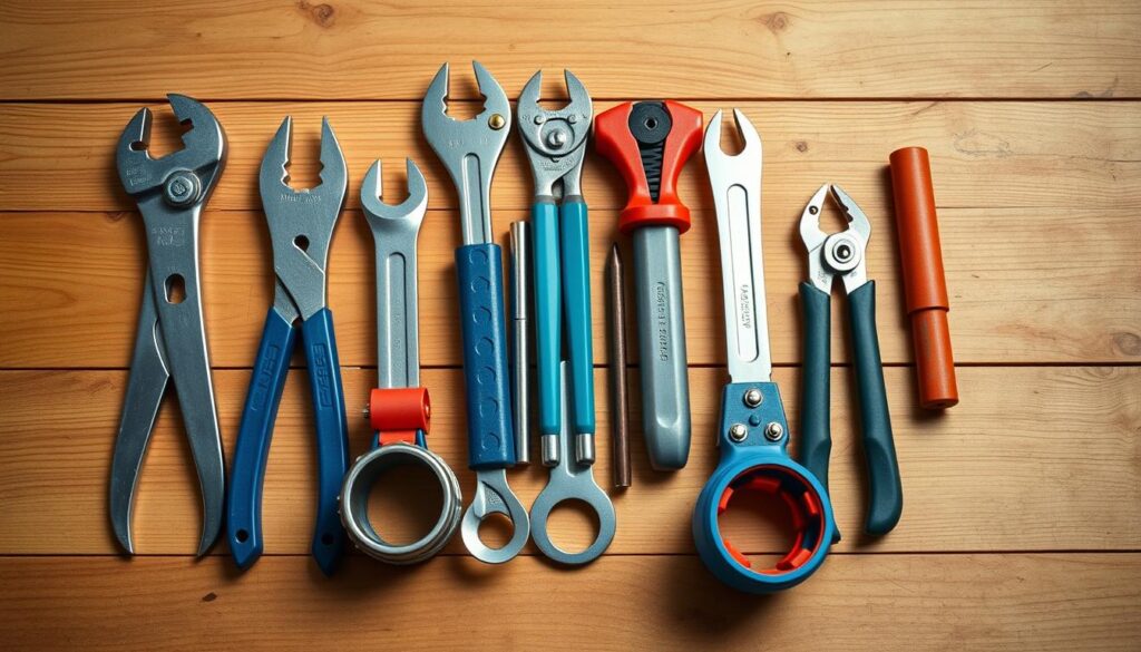 Generate an image of a well-organised plumbing toolkit with various tools laid out on a workbench.