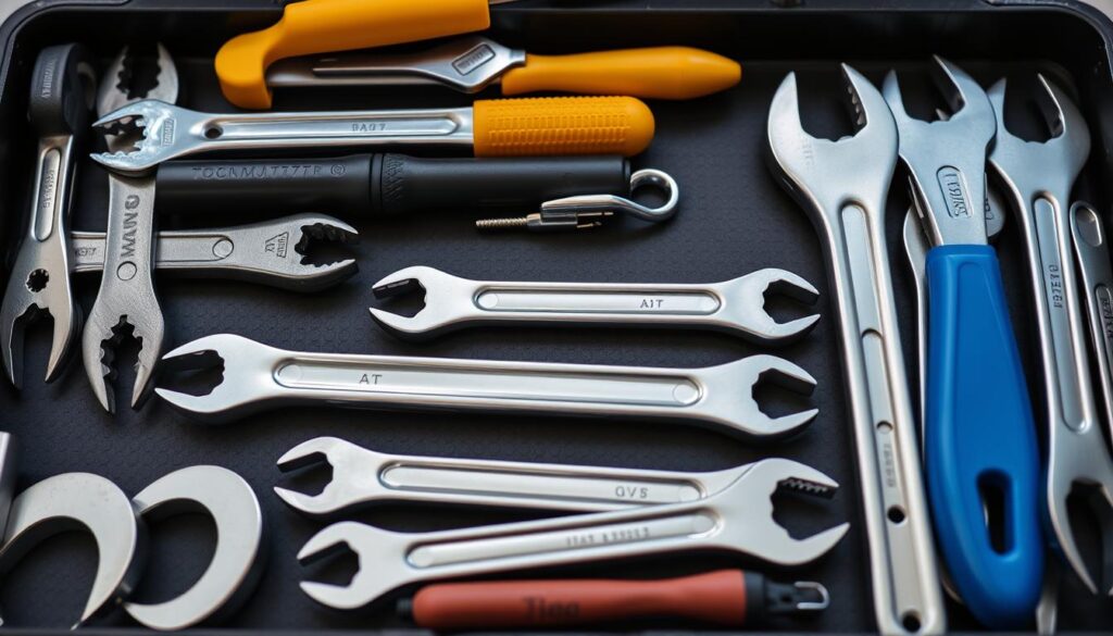 Generate an image of a well-organised toolkit with various pliers and wrenches.