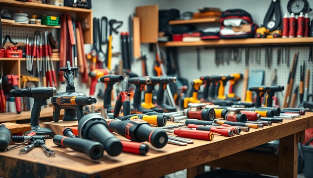 Generate an image of a well-organised workshop with various power tools and hand tools laid out on a workbench.