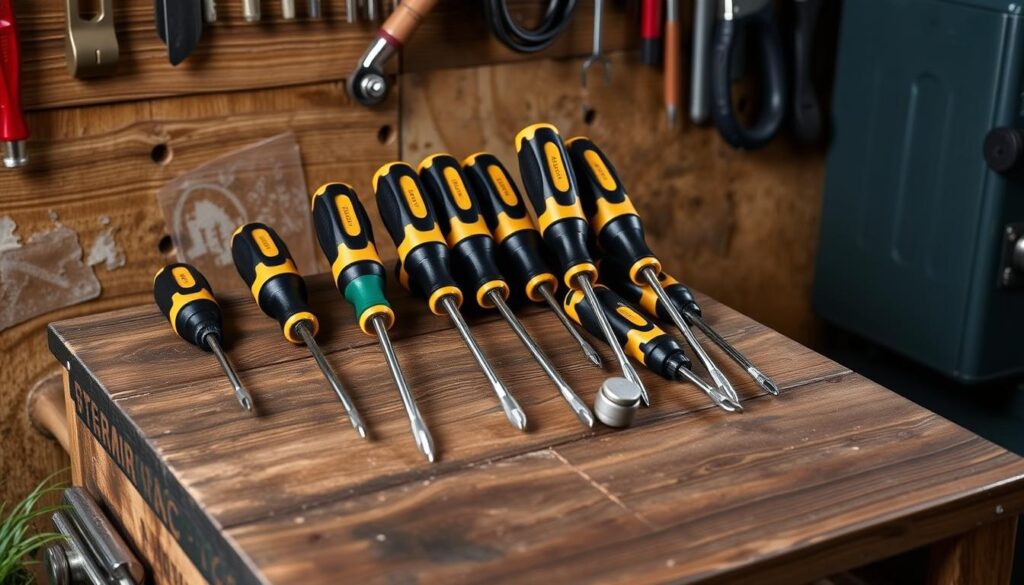 Generate an image of the Amartisan 10-Piece Magnetic Screwdrivers Set on a wooden workbench.