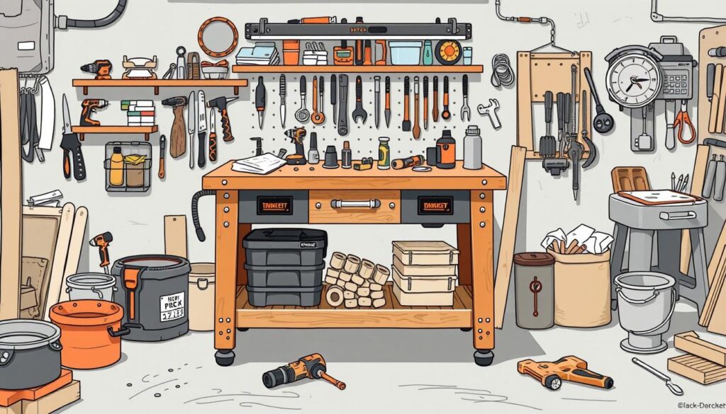 Generate an image of the Black+Decker Workmate workbench in a workshop setting.