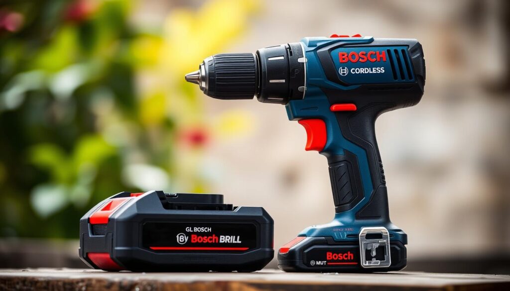 Generate an image of the Bosch 18V Cordless Drill with its battery attached, highlighting its compact design and ergonomic handle.