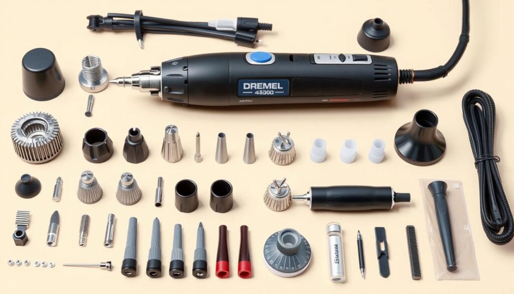 Generate an image of the Dremel4300 rotary tool kit with its various attachments and accessories.