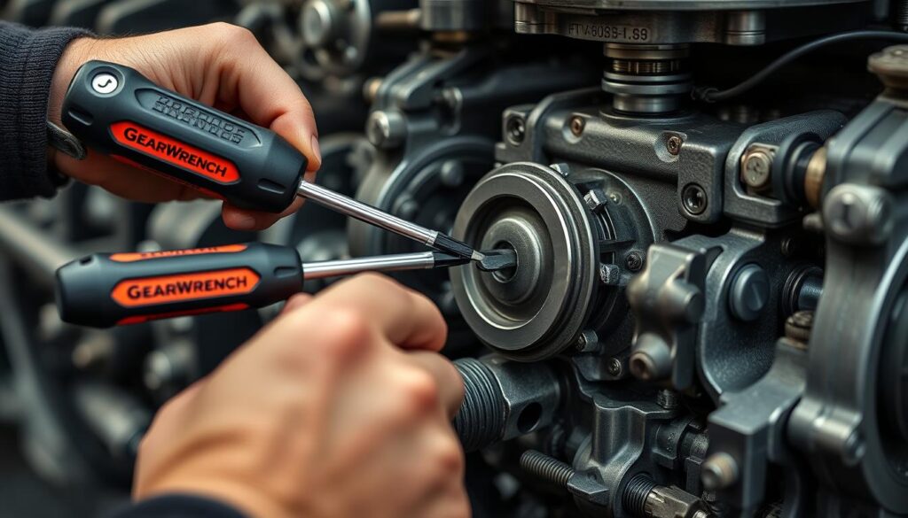 Generate an image of the Gearwrench 20-pc Screwdriver Set being used to repair a piece of equipment.