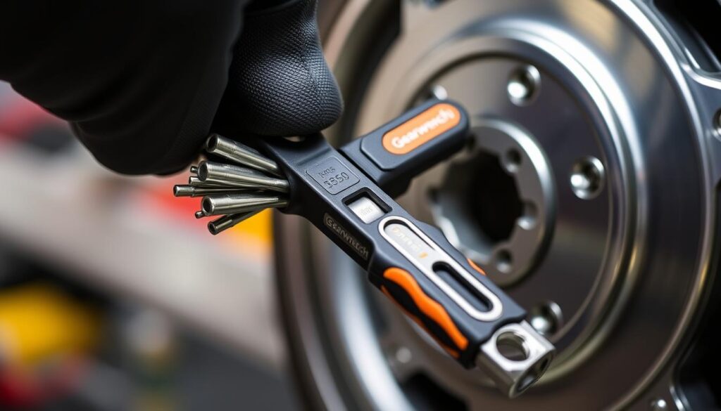 Generate an image of the Gearwrench 33pc Ratcheting T-Handle Hex Key Set in use, highlighting its ratcheting mechanism and ergonomic handle.