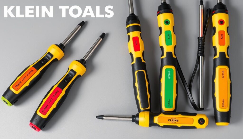 Generate an image of the Klein Tools 6pc 1000V Insulated Screwdriver Set, highlighting its features such as the colour-coded labels and tether hole.