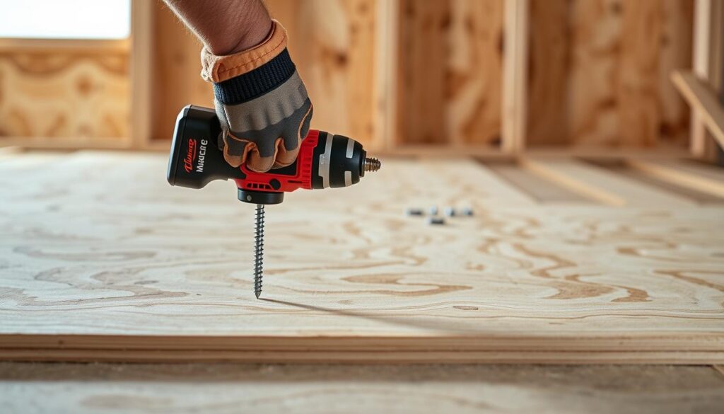 Generate an image of the Milwaukee 2953 impact driver in action, driving screws into a stacked OSB subfloor.