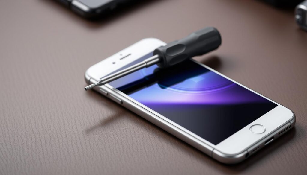 Generate an image of the WORKPRO 10-Piece Precision Screwdriver Set next to a smartphone.
