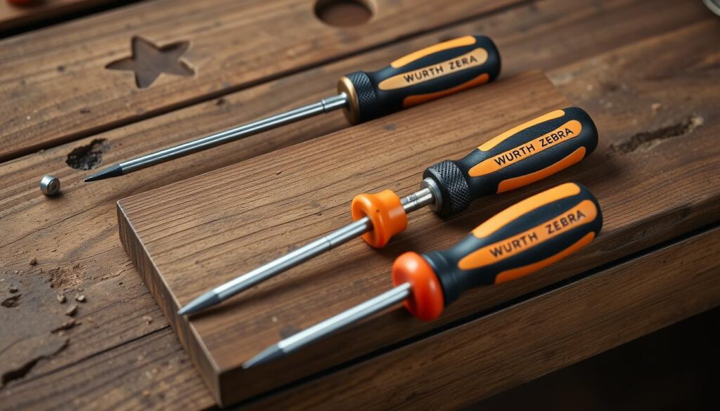 Generate an image of the Wurth Zebra Screwdrivers Set on a wooden workbench.