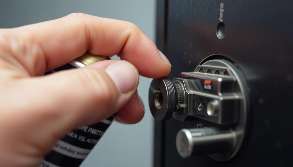 Graphite spray lubricant being applied to a lock keyway
