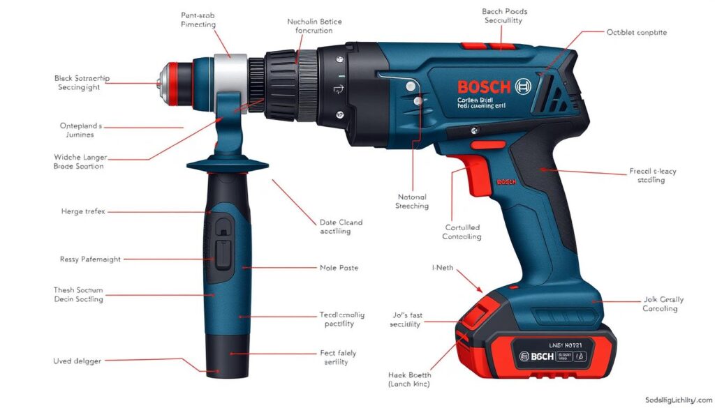 Image of Bosch Cordless Drill with highlighted features