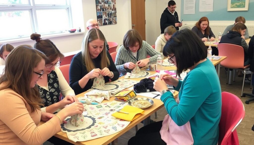 Image of ClassBento Leeds workshop participants engaged in a sewing activity