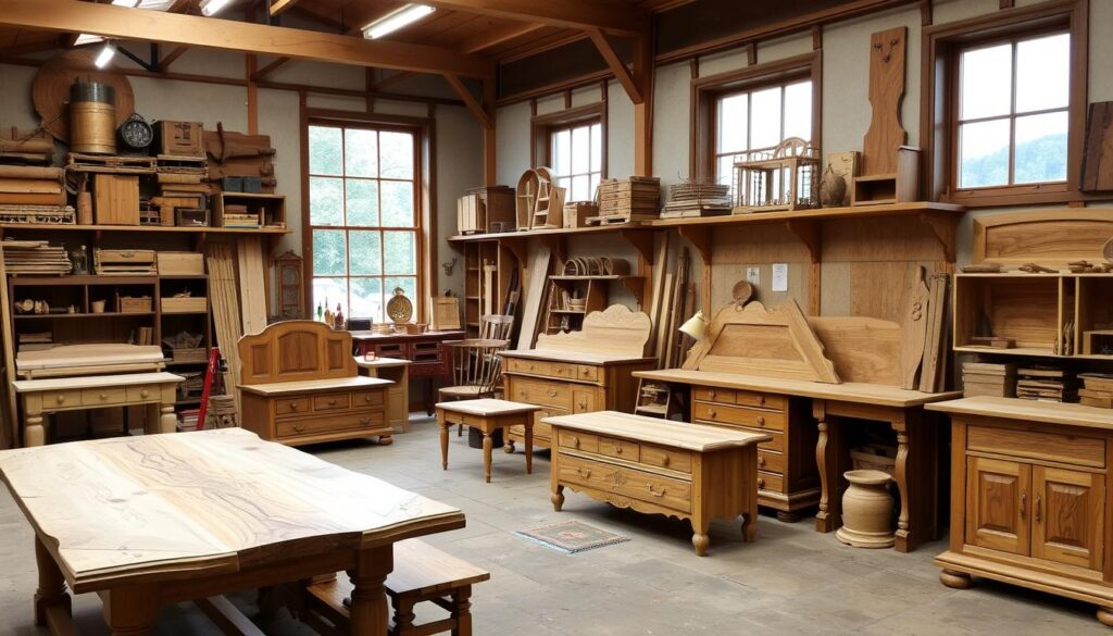 Image of Glasgow Wood's workshop with handmade furniture pieces