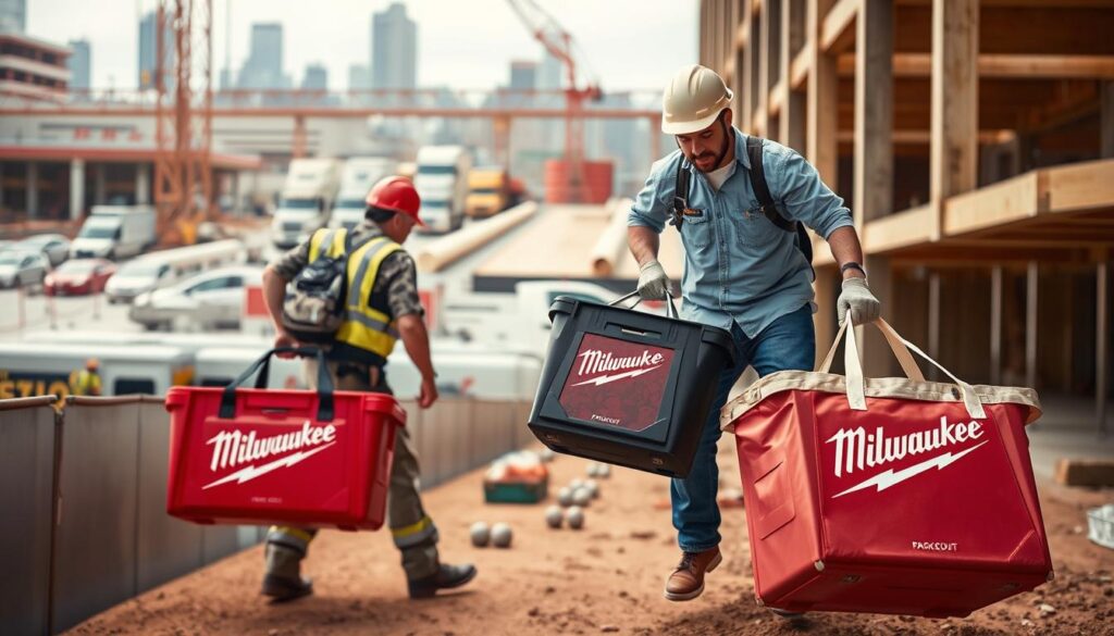Image of Milwaukee PACKOUT totes in use on a construction site