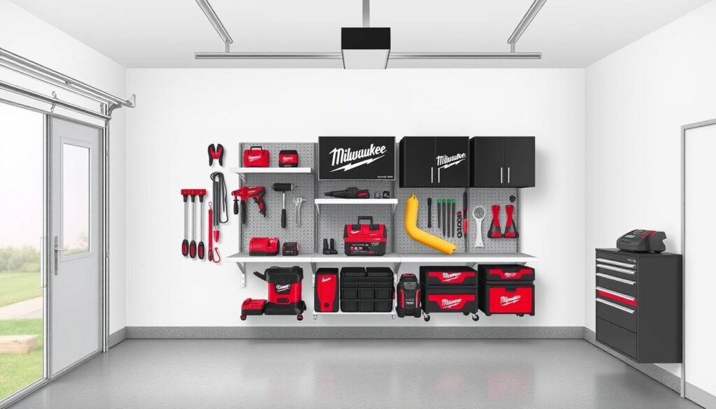 Image of Milwaukee PACKOUT wall mount system installed in a garage
